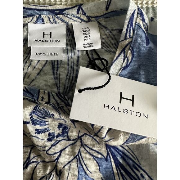 H Halston Blue Floral Linen Button Back Cap Sleeve Top Small - Picture 7 of 7